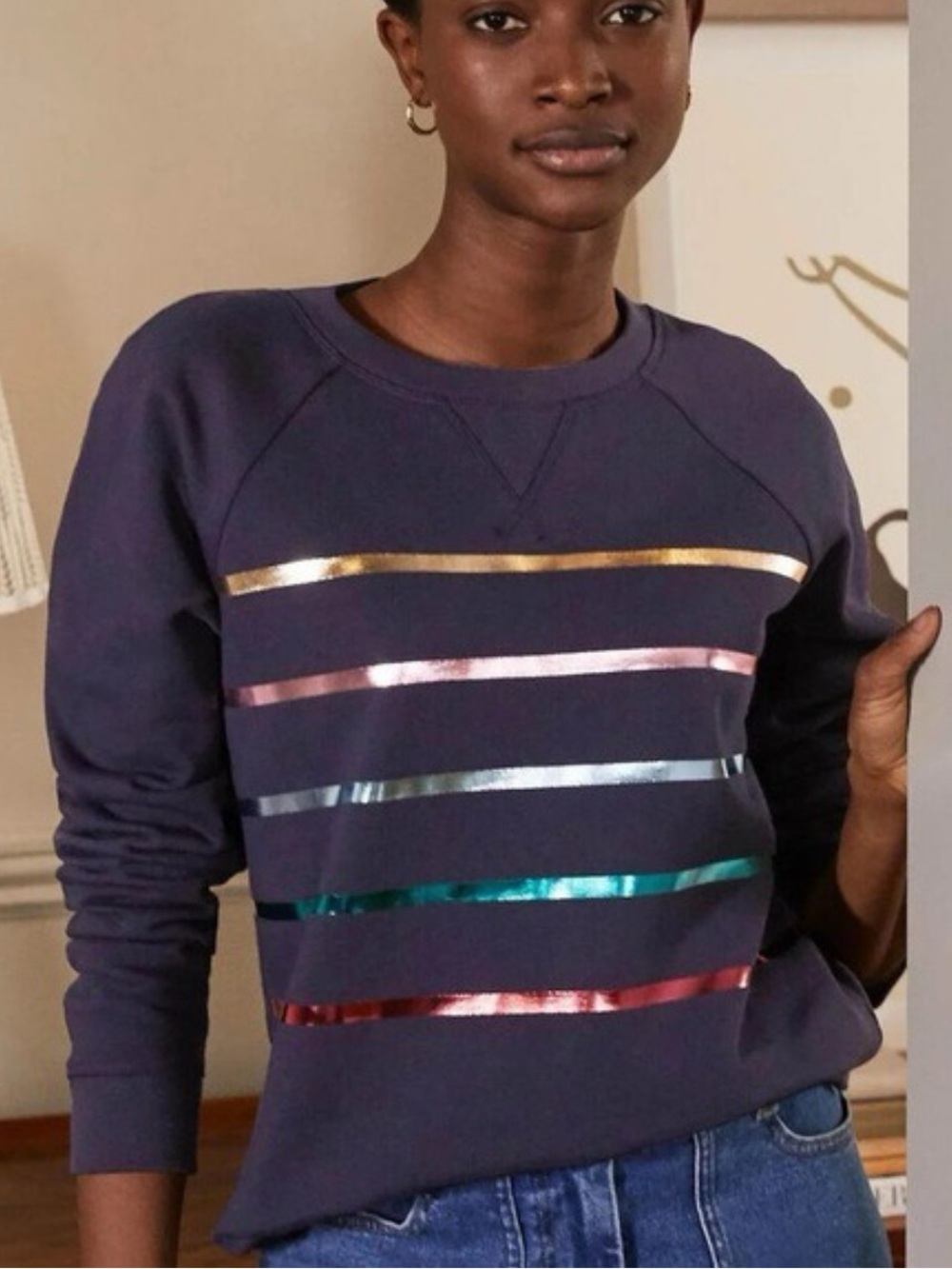 Boden Cotton Navy Crewneck Sweater with Metallic Rainbow Stripes